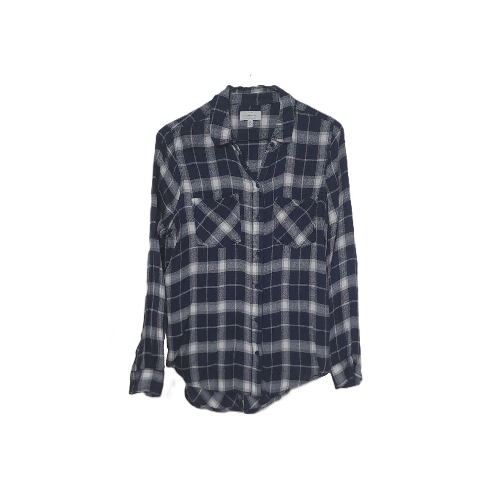 Lucky Brand Flannel Button Up Shirt Women's S Blue White Plaid Long Sleeve Top
